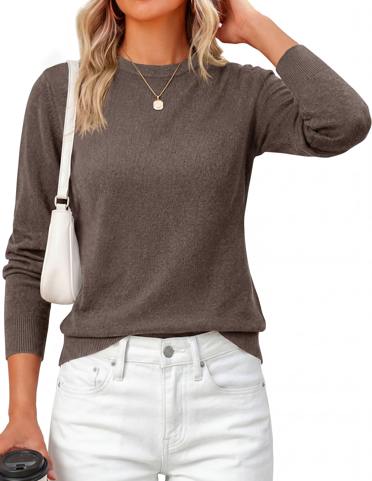 Women's Knit Crew Neck Relaxed-Fit Classic Sweater – Light Brown