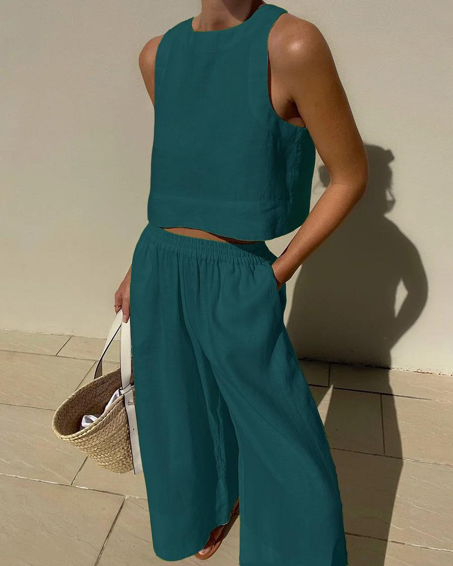 Sleeveless Capri Pants Set, Women's Casual Fit