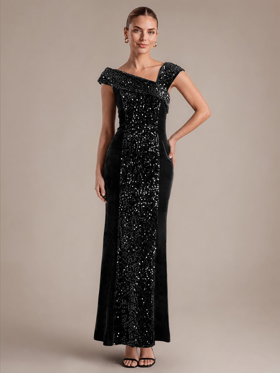 Women's Velvet Sequin Maxi Party Dress – Cap Sleeve, Stretch
