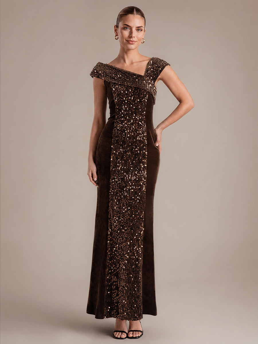 Women's Velvet Sequin Maxi Party Dress – Cap Sleeve, Stretch