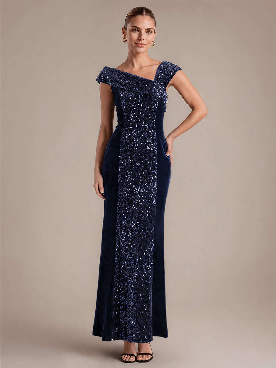 Women's Velvet Sequin Maxi Party Dress – Cap Sleeve, Stretch