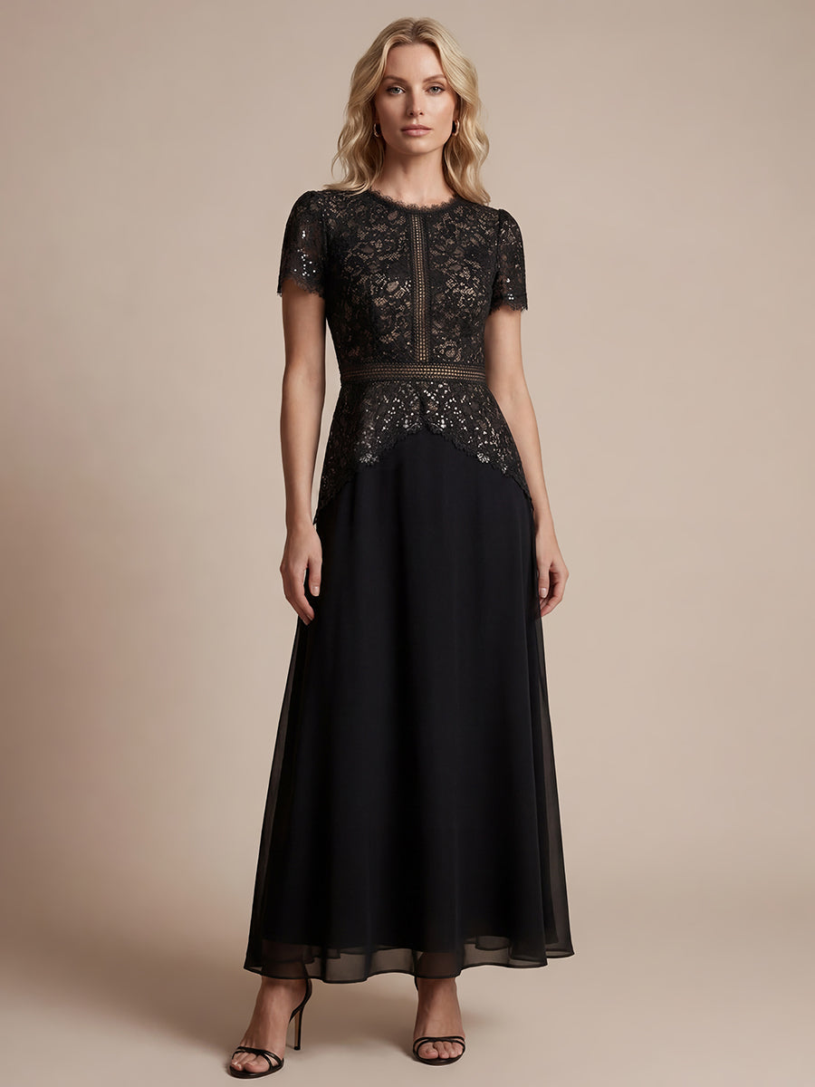 Women's Sequin Crew Neck Lace Maxi Dress – Black