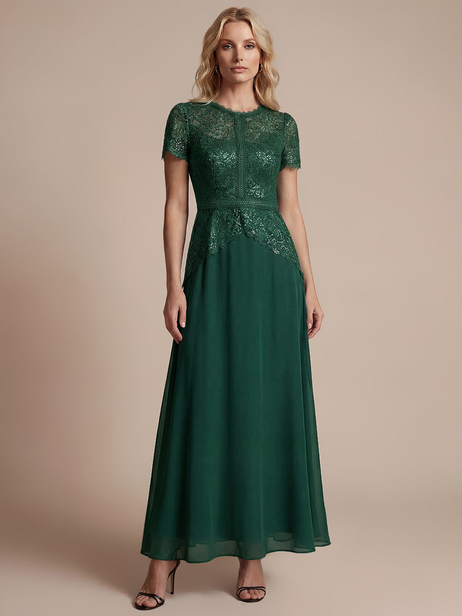 Women's Sequin Crew Neck Lace Maxi Dress – Dark Green