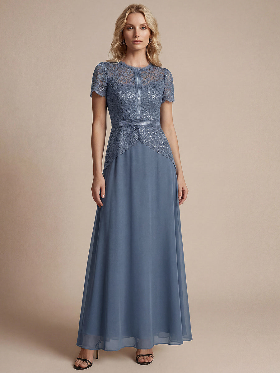 Women's Sequin Crew Neck Lace Maxi Dress – Dusty Blue