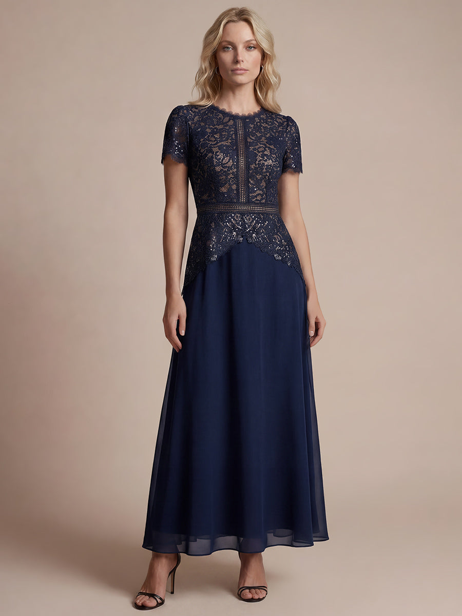 Women's Sequin Crew Neck Lace Maxi Dress – Navy Blue