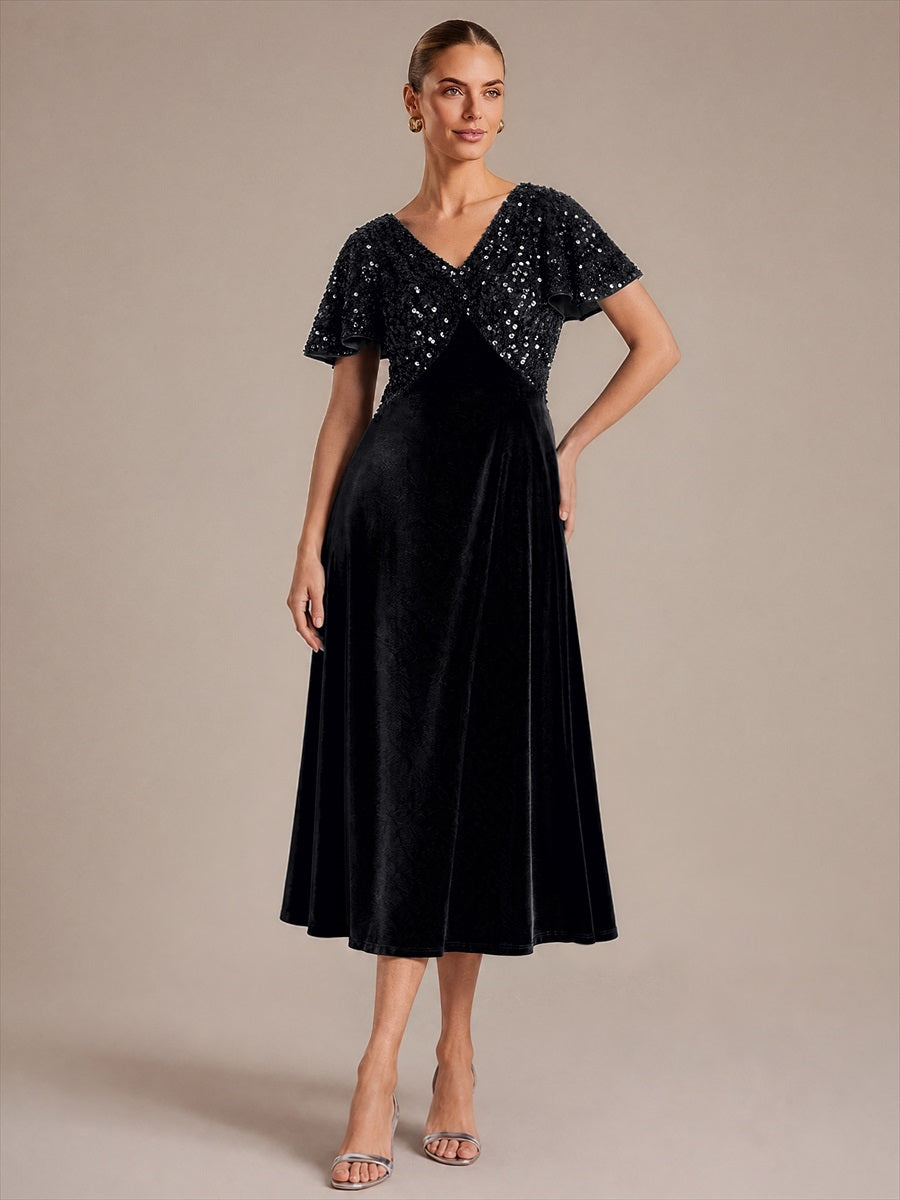 Women's Velvet Ruffled Ruffle Sleeve Midi Dress – Black