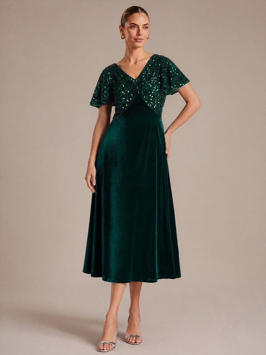 Women's Velvet Ruffled Ruffle Sleeve Midi Dress – Dark Green