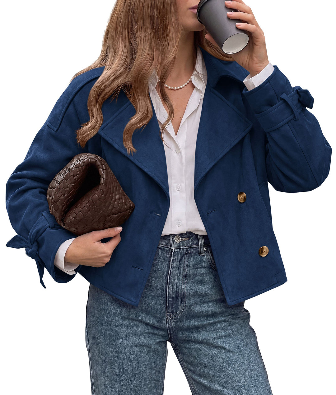 Women's Cropped Double-Breasted Faux Suede Trench Coat