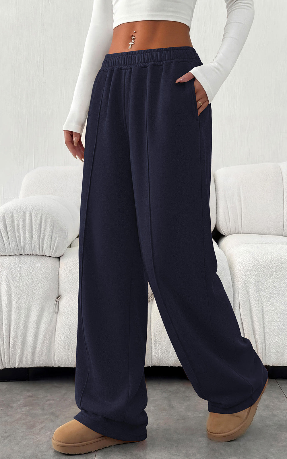Women's Pleated Wide-Leg Pocketed Relaxed-Fit Joggers – Navy Blue
