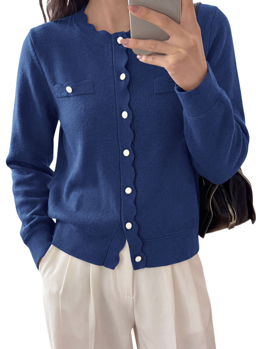 Women's Lightweight Long Sleeve Button-Front Knit Cardigan – Crew Neck