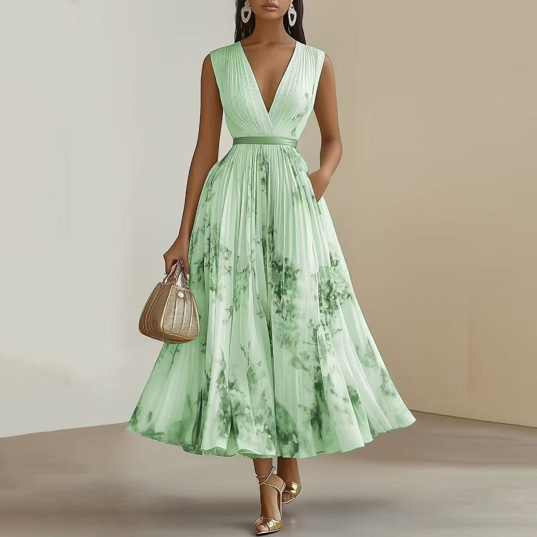 Sleeveless Long V-Neck Dress for Women, Elegant Style