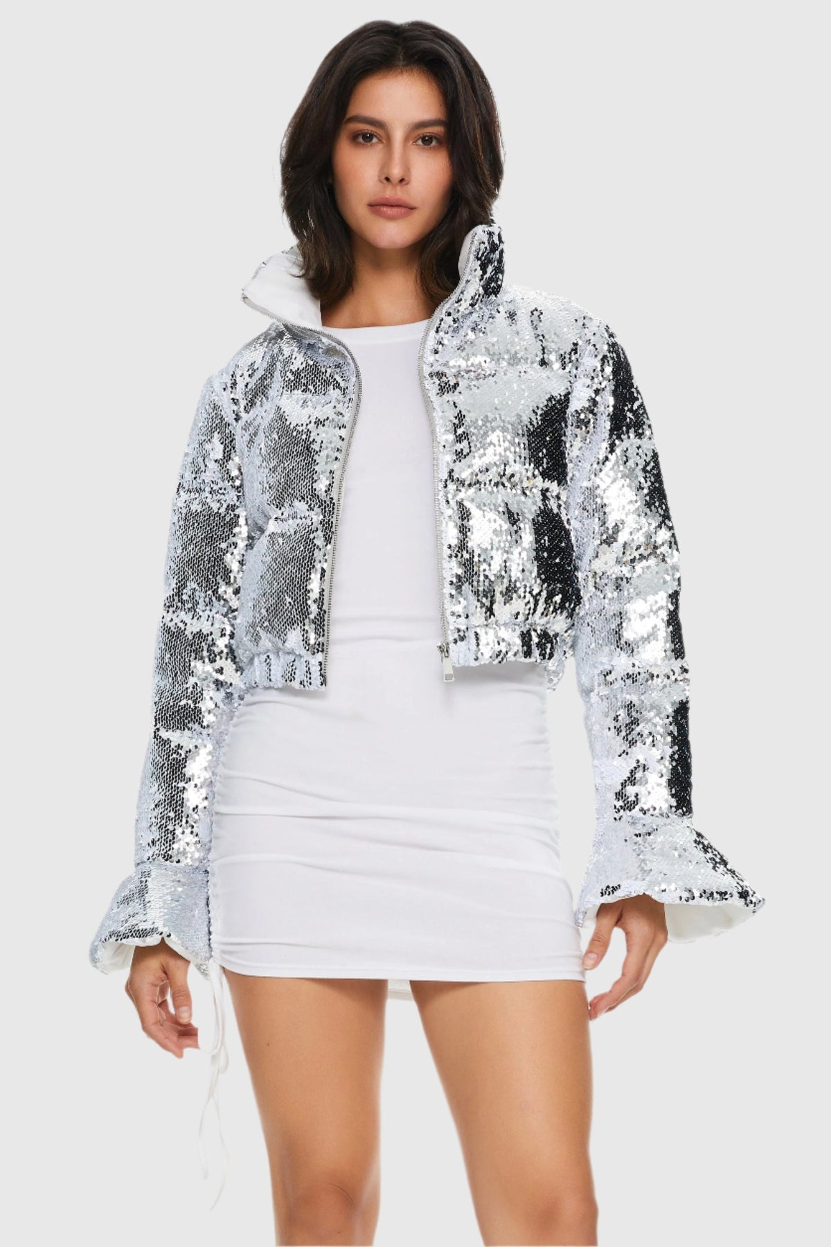 Women's Sequin Stand Collar Quilted Jacket – Silver