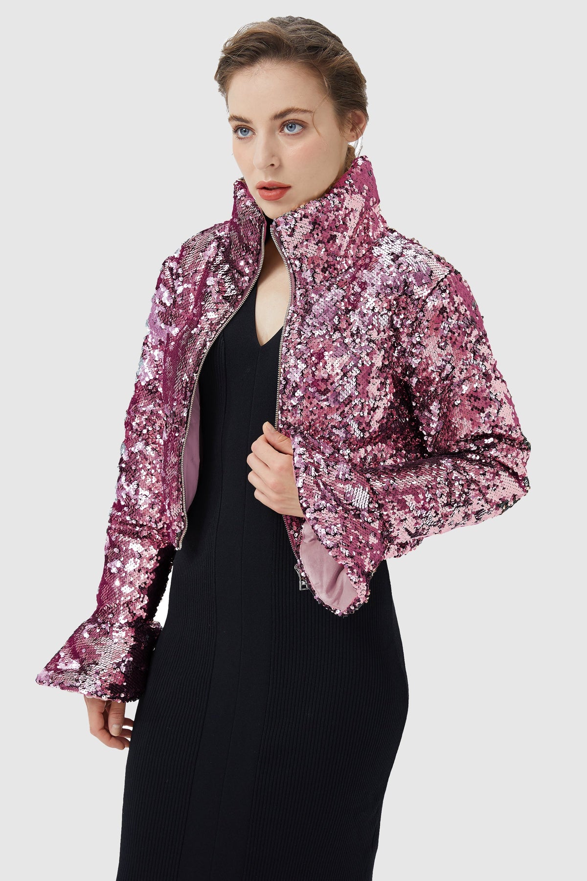 Women's Sequin Stand Collar Quilted Jacket – Pink Crystal