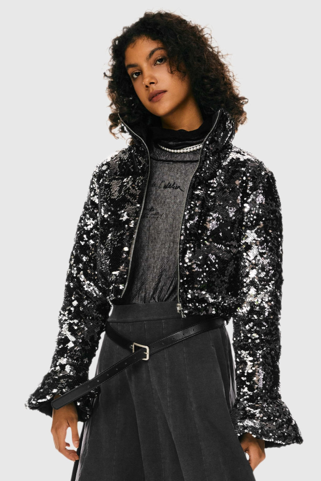 Women's Quilted Sequin Jacket with Stand Collar