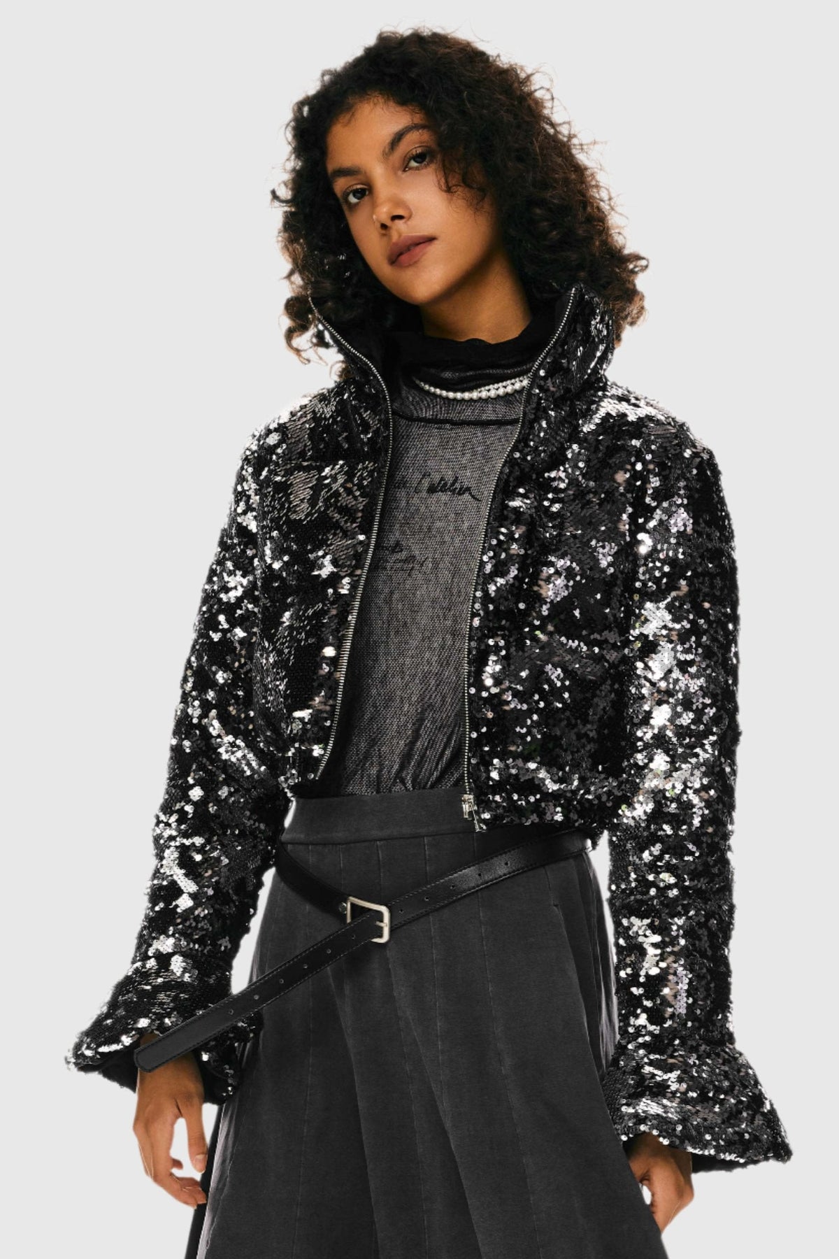 Women's Sequin Stand Collar Quilted Jacket – Black Crystal