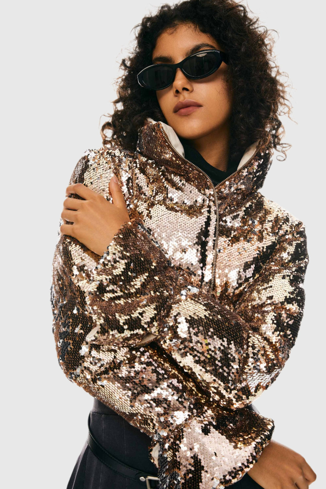 Women's Quilted Sequin Jacket with Stand Collar