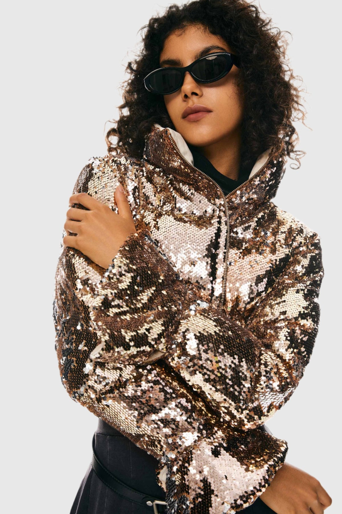 Women's Sequin Stand Collar Quilted Jacket – Champagne