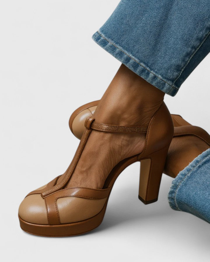 Brown Sophisticated Close Toe T-Strap Heels for Women