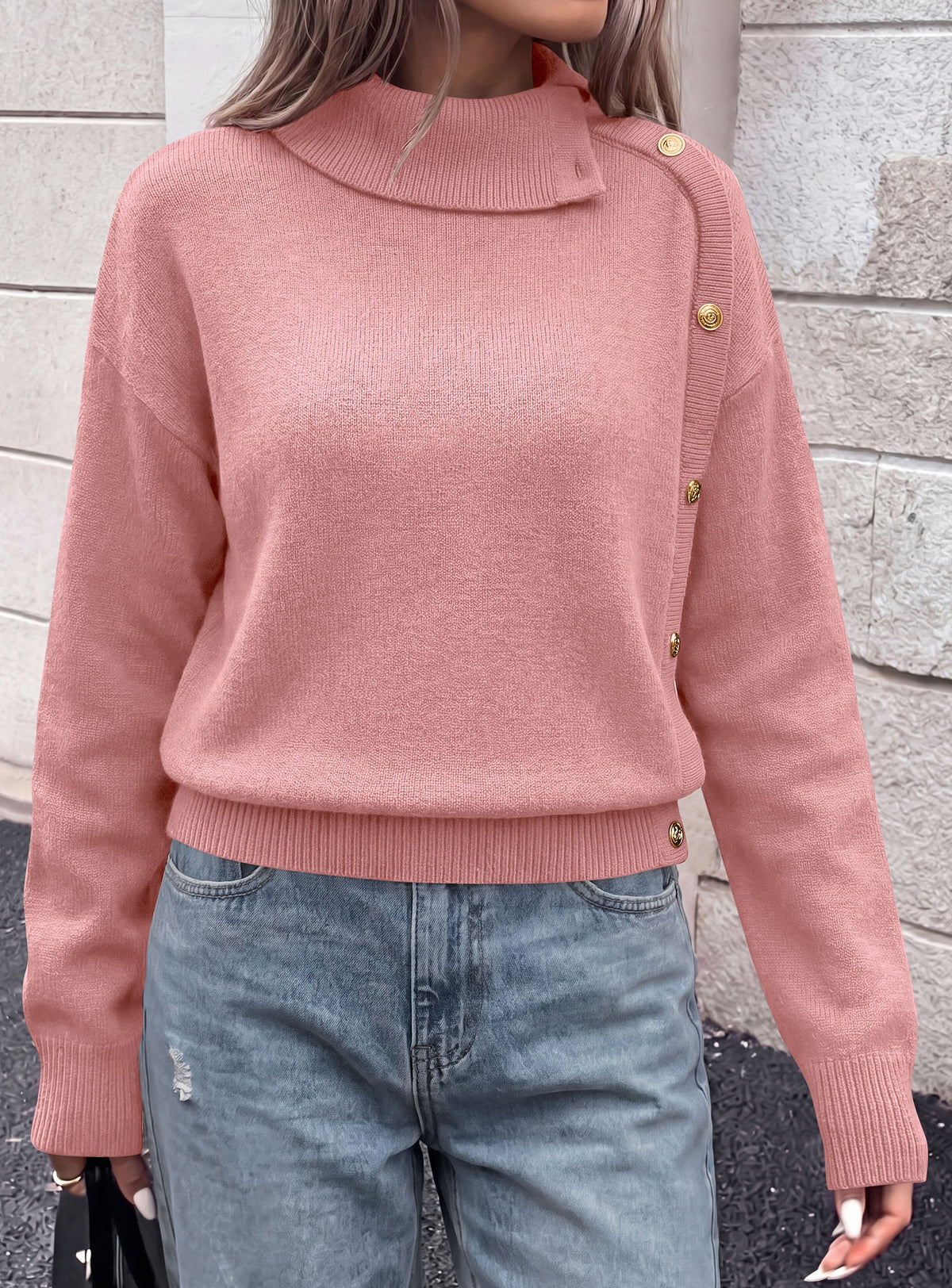 Women's Ribbed Knit Workwear Asymmetric Turtleneck Sweater – Pink