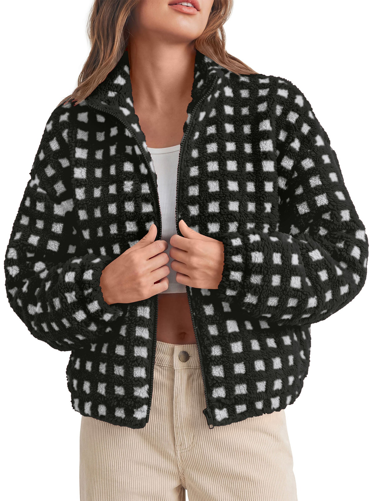 Women's Sherpa Cropped Zip-Up Stand Collar Fleece Jacket – Plaid Black White