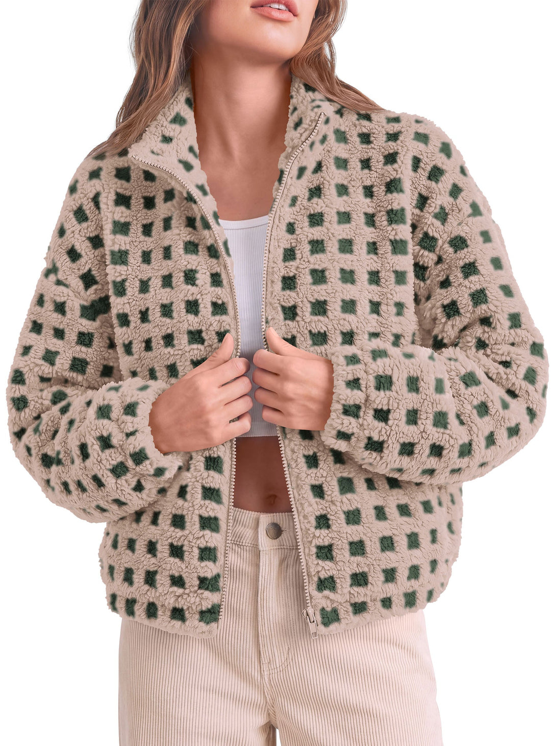 Women's Cropped Sherpa Fleece Zip-Up Jacket with Stand Collar – Plaid