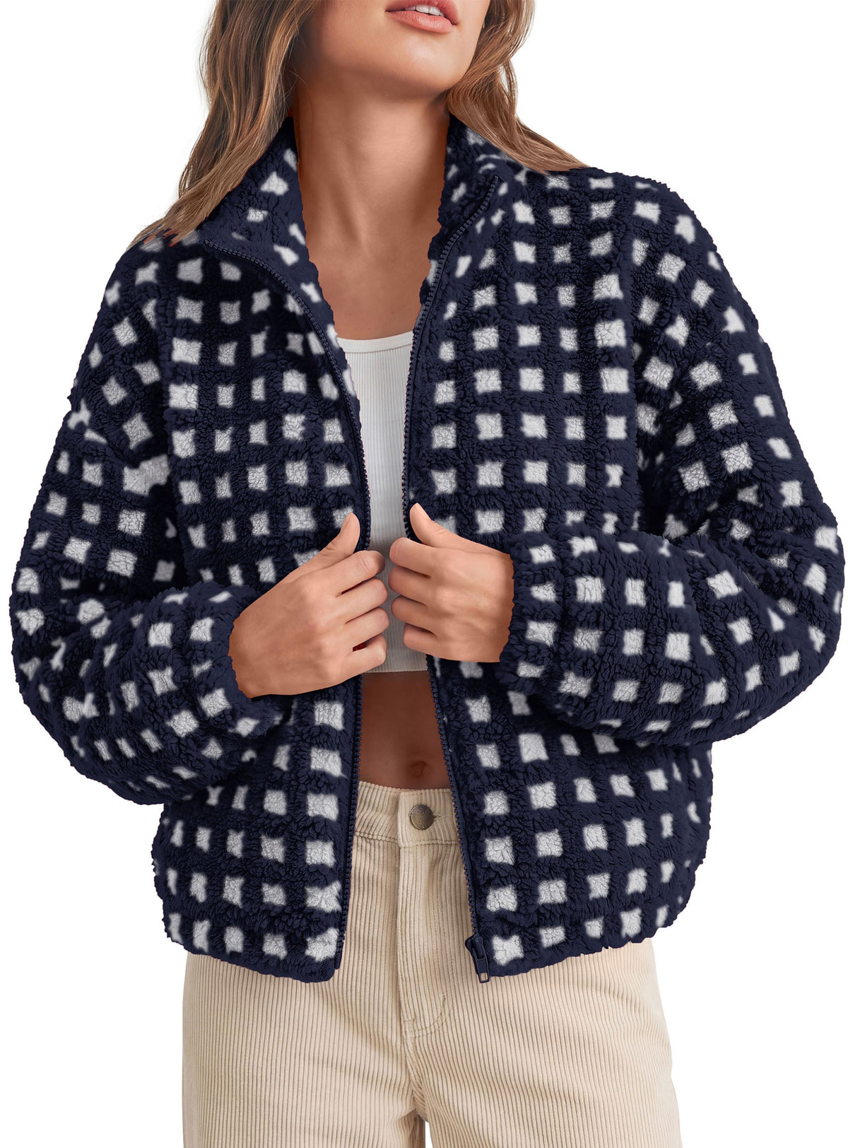 Women's Sherpa Cropped Zip-Up Stand Collar Fleece Jacket – Plaid Navy White
