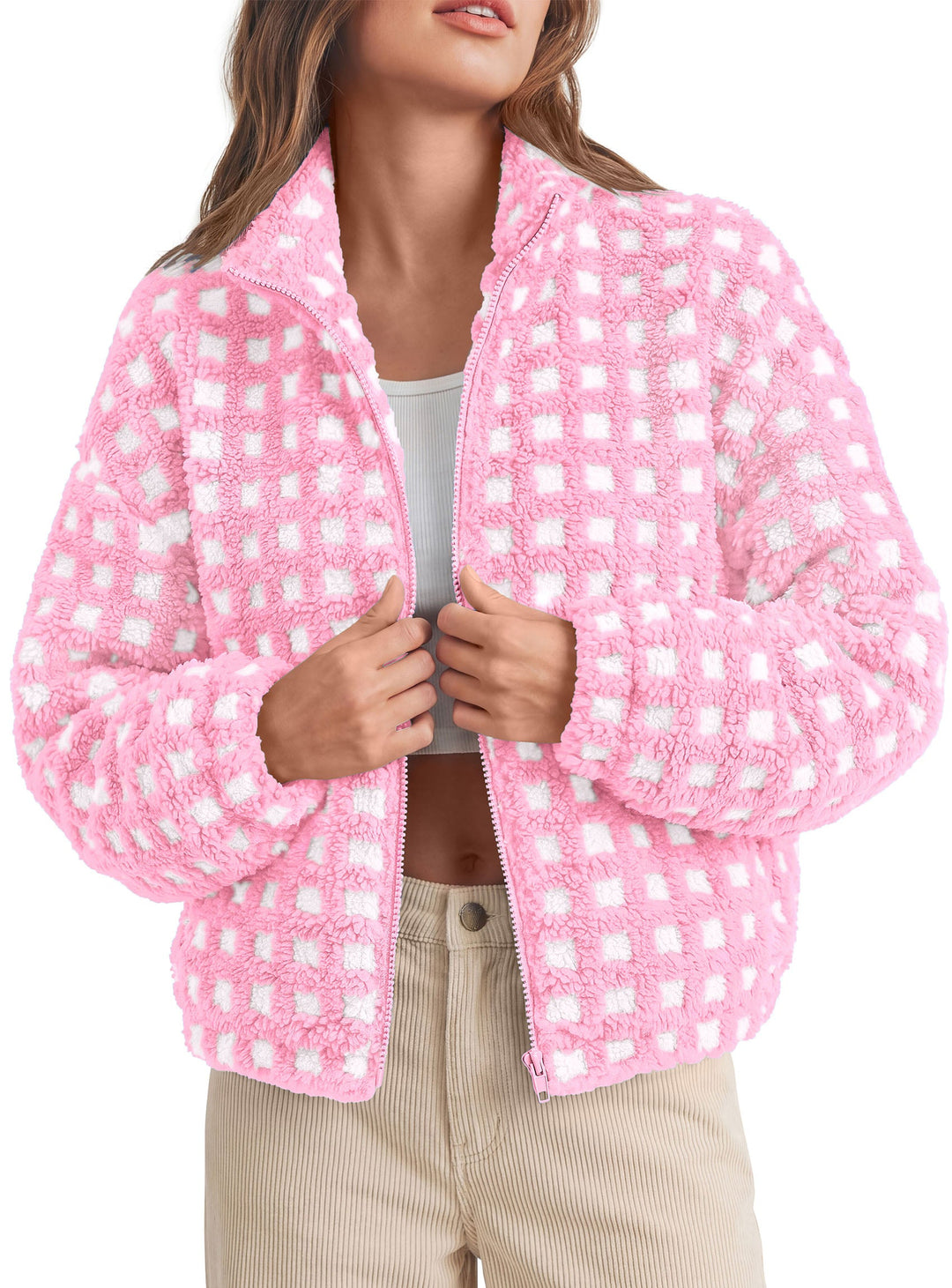 Women's Cropped Sherpa Fleece Zip-Up Jacket with Stand Collar – Plaid