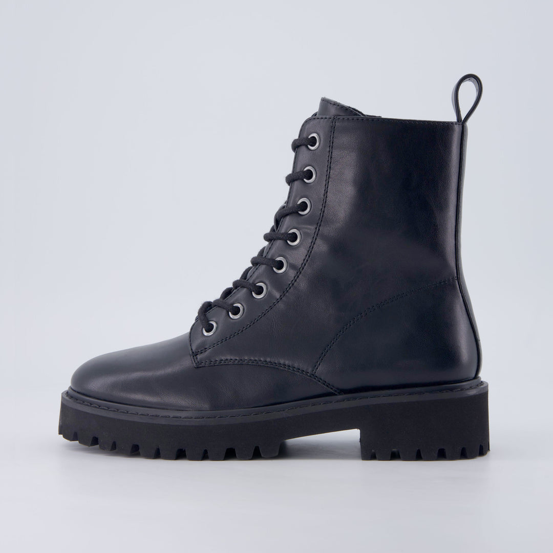 Women's Faux Leather Heeled Combat Boots with Side Zip