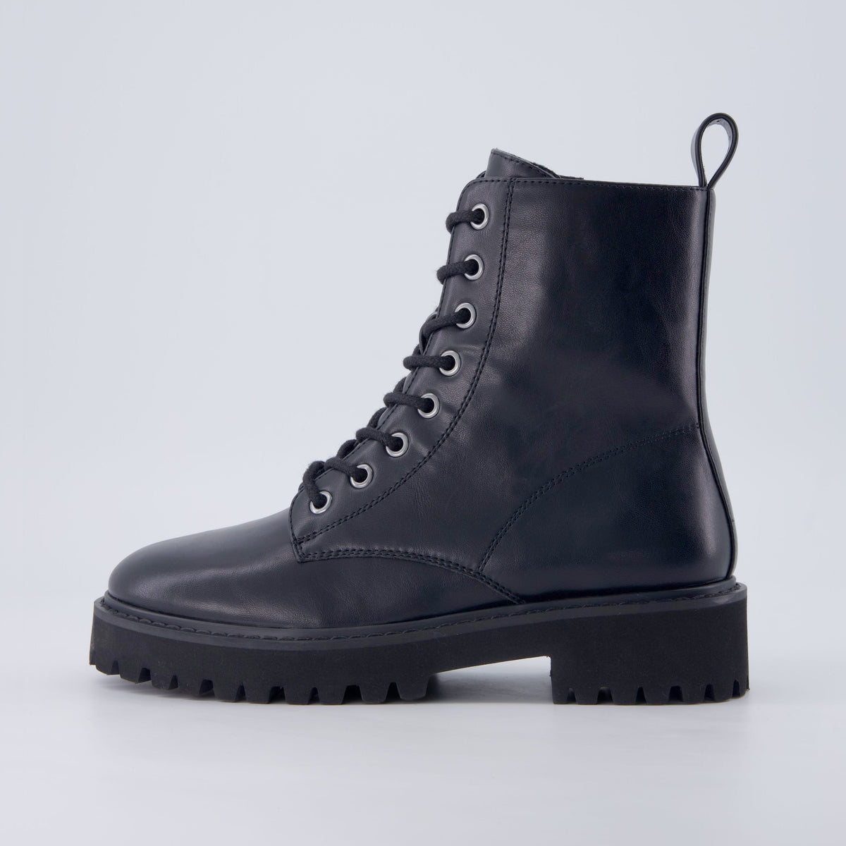 Women's Faux Leather Cushioned Side-Zip Round-Toe Combat Boots – Black
