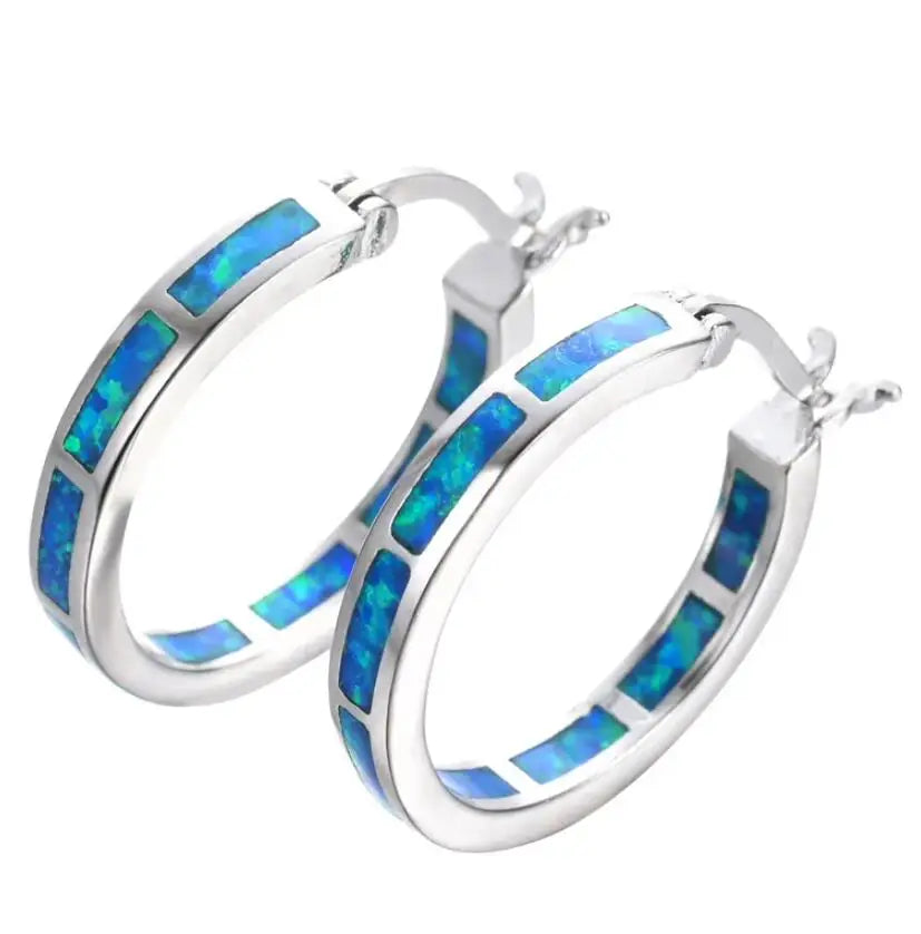 blue Fire Opal Hoop Earrings for Women, Elegant Style