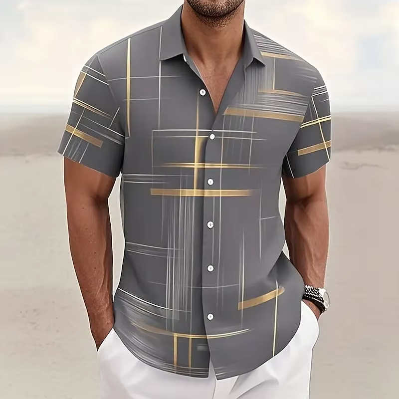 Line-Print Short Sleeve Shirt, Men's Modern Fit