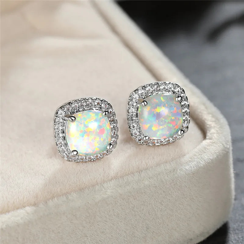 Elegant White Fire Opal Round Earrings for Women
