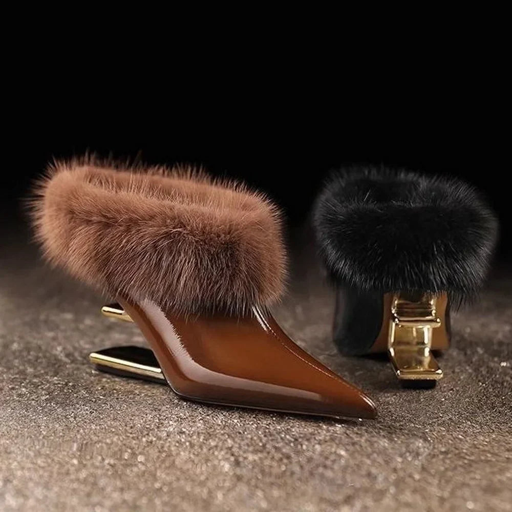 Furry Pointed Heels, Women's Elegant Fit