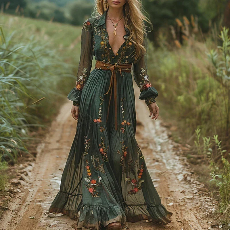 Green Embroidered Bohemian Maxi Dress for Women