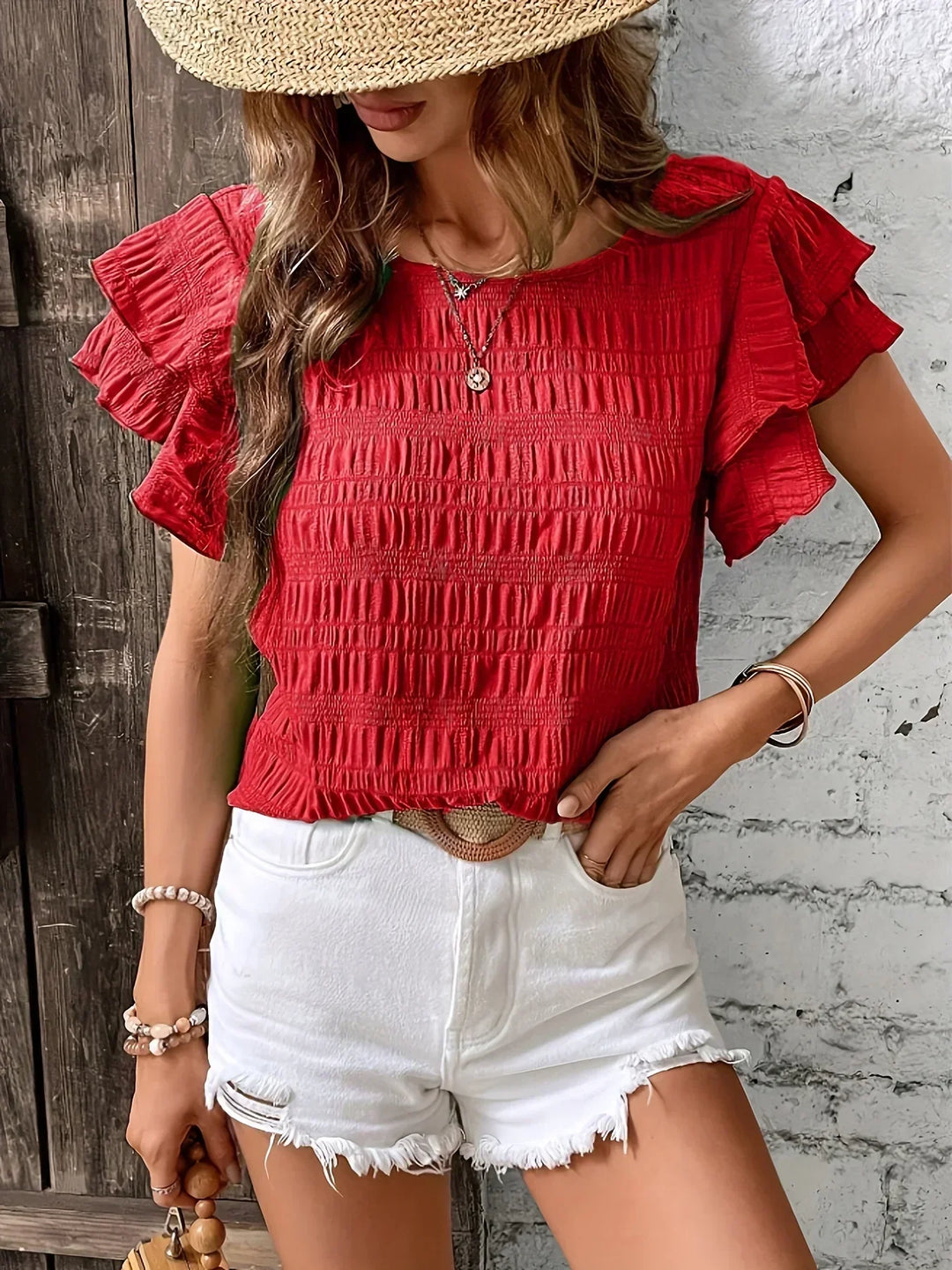 Women's Ruffle-Sleeve Textured Blouse