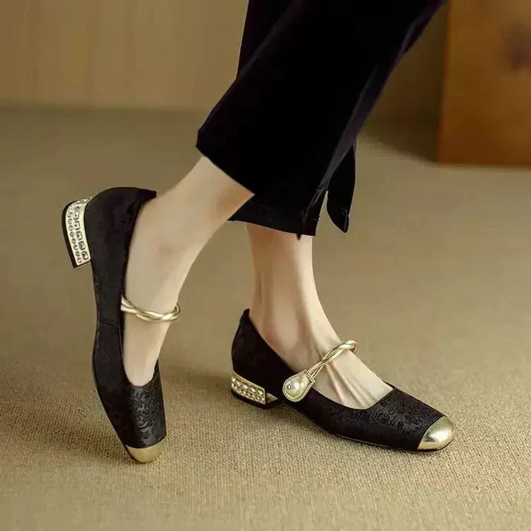 Vintage Braided Pearl Strap Shoes for Women