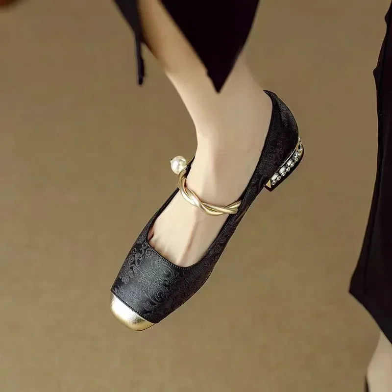 Vintage Braided Pearl Strap Shoes for Women