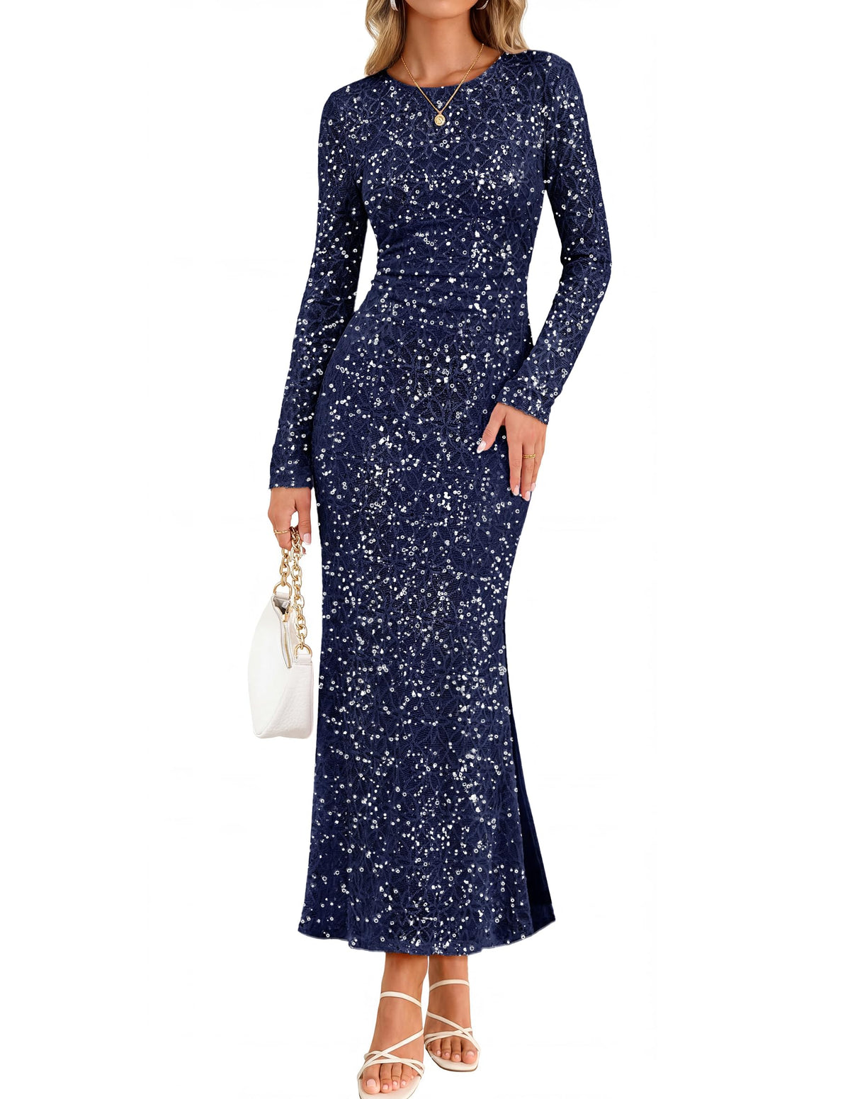 Women's Sequin Long Sleeve Formal Maxi Dress – Navy