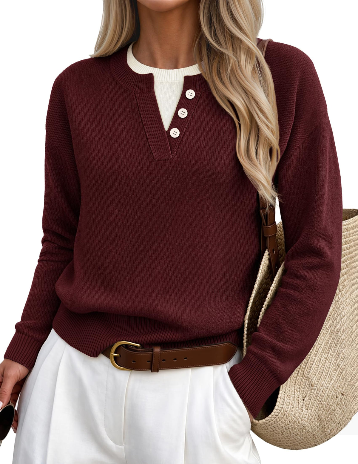 Women's Oversized Henley Sweater – Burgundy