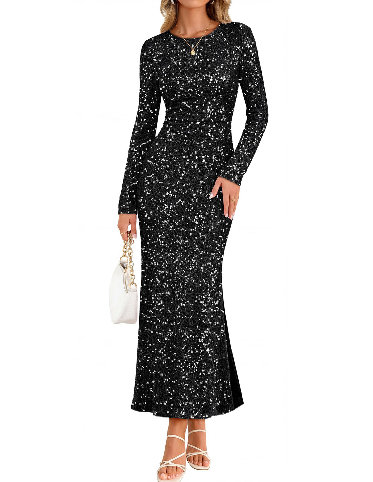 Women's Sequin Long Sleeve Formal Maxi Dress – Black