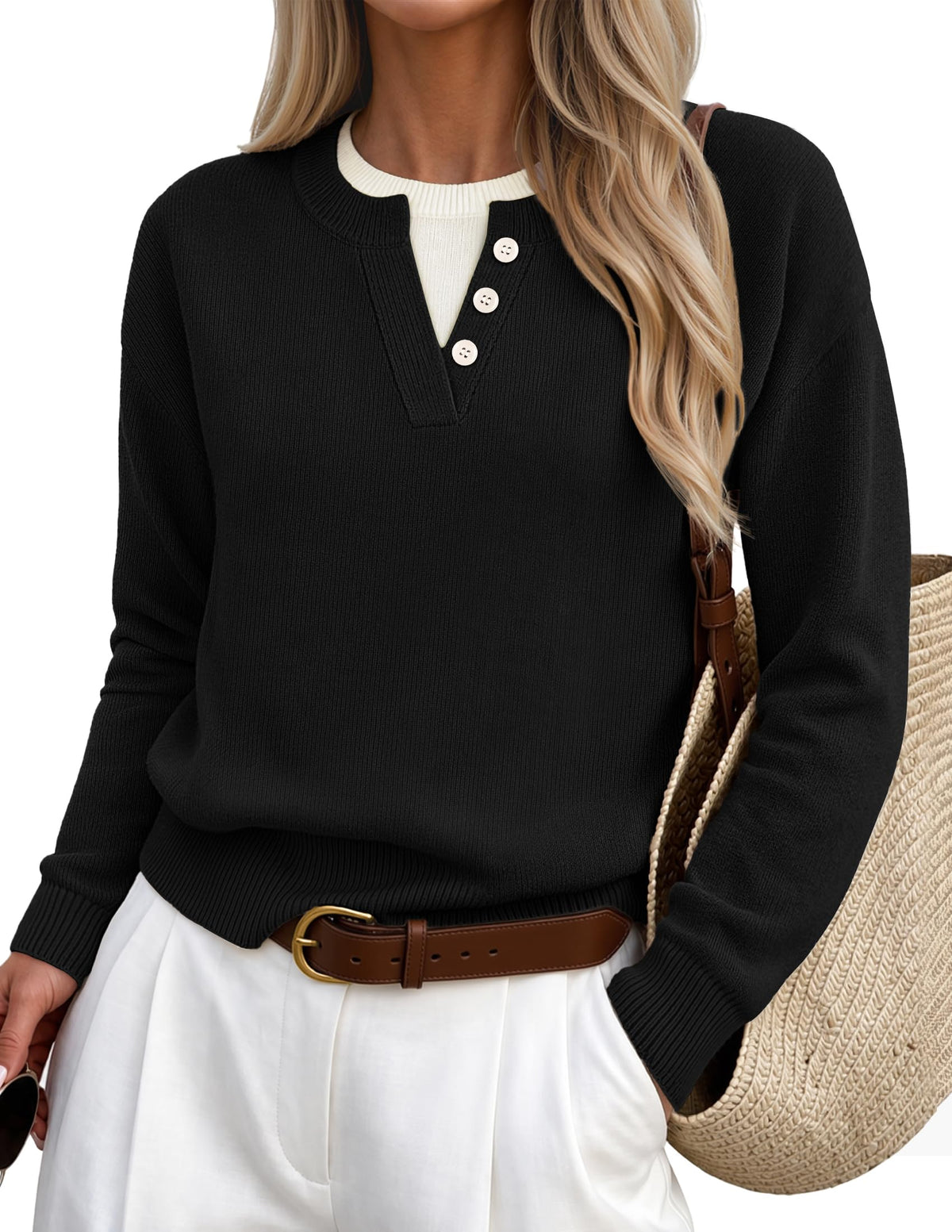 Women's Oversized Henley Sweater – Black