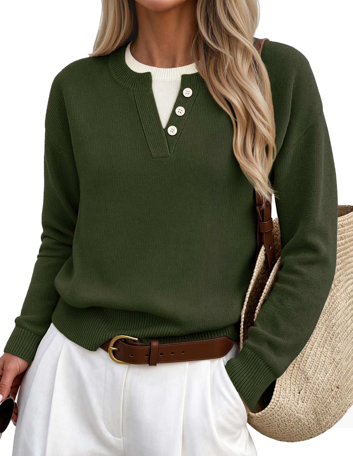 Women's Oversized Henley Sweater – Army Green