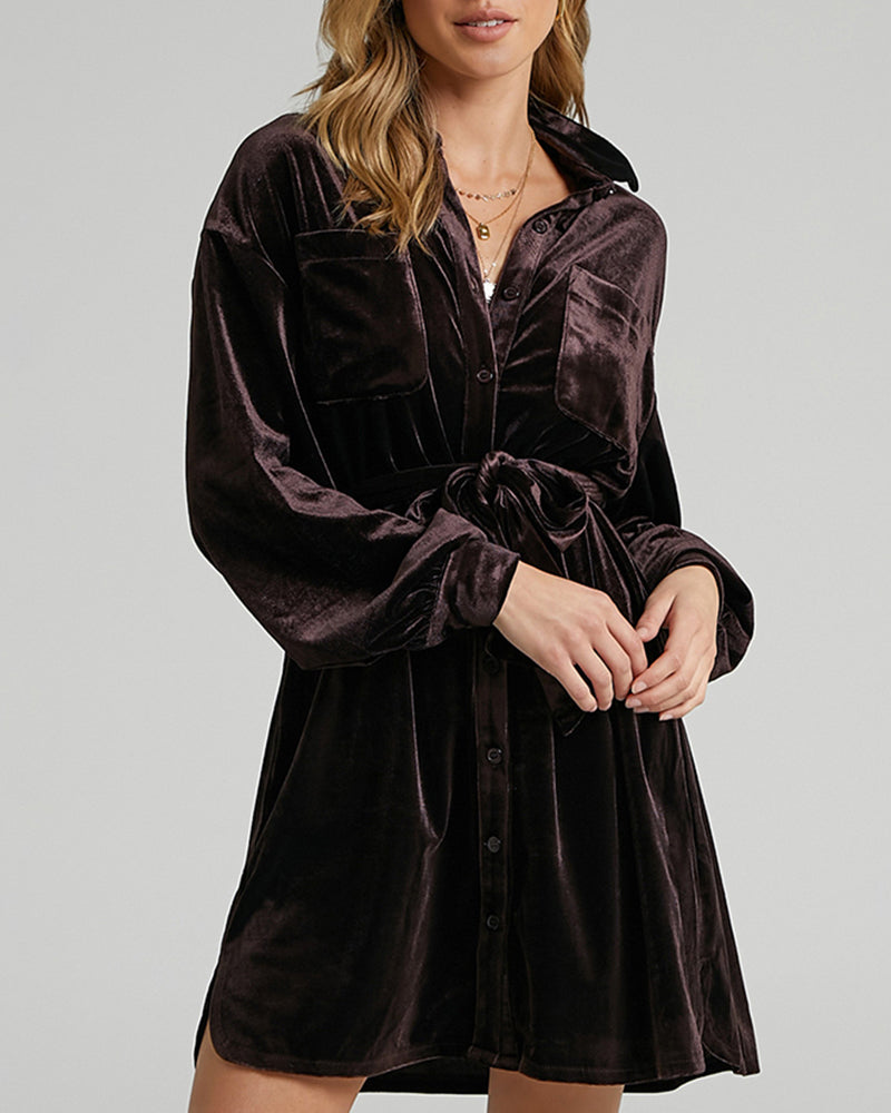 Women's Long Sleeve Velvet Mini Party Dress with Belt and Pockets