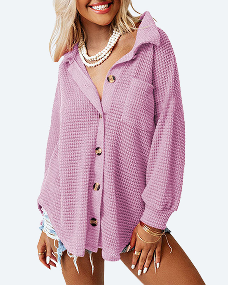Women's Waffle Knit Relaxed-Fit Button-Down Long Sleeve Top – detail