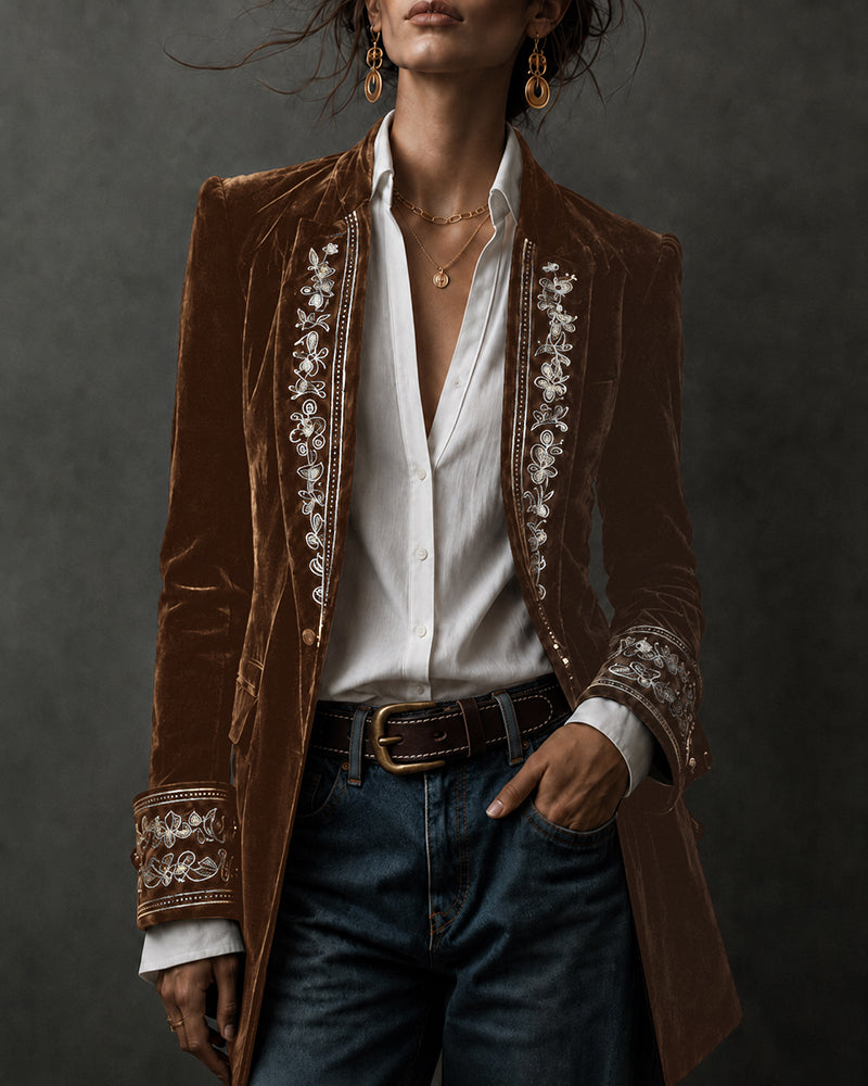 Women's Velvet Floral Blazer – Brown