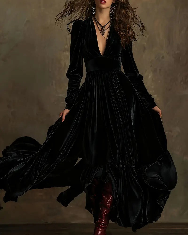 Women's Velvet Ruffled Maxi Party Dress