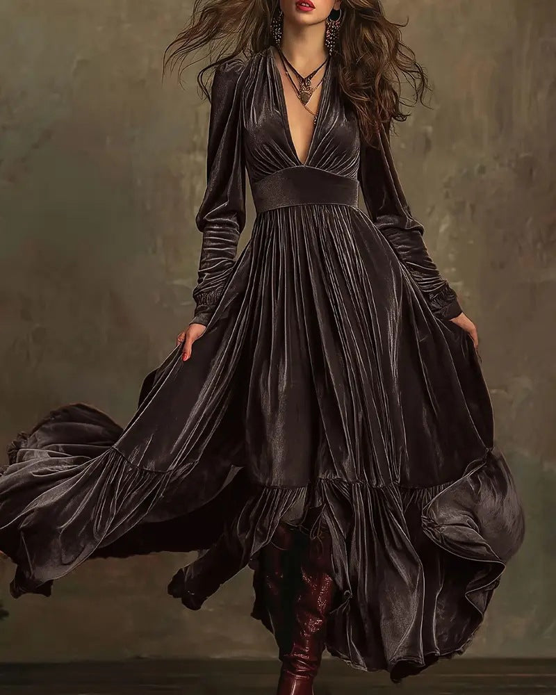 Women's Velvet Ruffled Maxi Party Dress