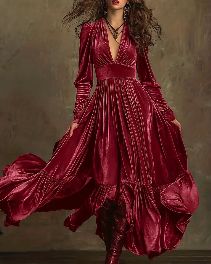 Women's Velvet Ruffled Maxi Party Dress