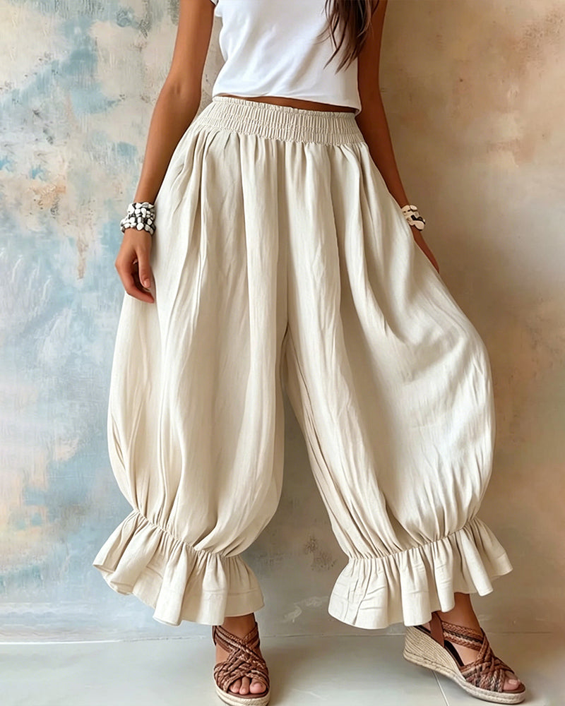 Women's Cotton Blend Ruffled Smocked Casual Wide-Leg Trousers – detail