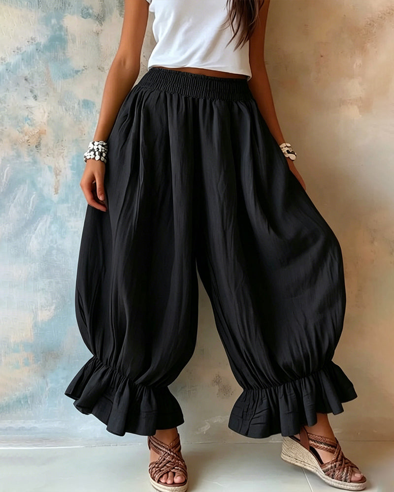 Women's Cotton Blend Ruffled Smocked Casual Wide-Leg Trousers – detail